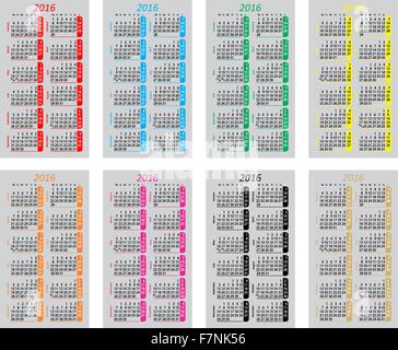 Calendriers de poche coloré Set pour 2016 Illustration de Vecteur
