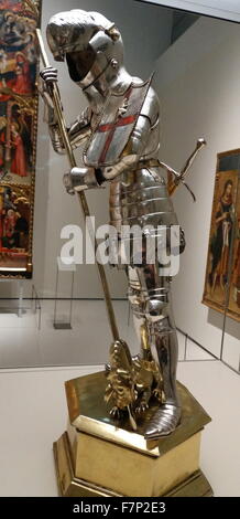 Statuette en métal plaqué argent de saint Georges terrassant le dragon, de la chapelle de Saint Georges Palais de la Generalitat de Catalogne. En date du 15e siècle Banque D'Images