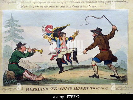 La gravure à la main, intitulé "L'enseignement de la danse à Boney russes' par Ivan Ivanovitch Terebenev (1780-1815) artiste russe. Datée 1813 Banque D'Images