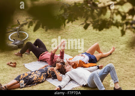 Les amis de prendre la pose en selfies cercle sur blanket in park Banque D'Images