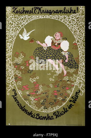 Print, affiche, lithographie, couleur, montre une jeune fille en costume traditionnel (République tchèque) dans un champ de fleurs;près d'elle est la colombe de la paix. Texte : inscrivez-vous à la 7ème emprunt de guerre ! Zivnostenska Banka branch office, Vienne. Artiste Minka Podhajska. Datée 1918 Banque D'Images