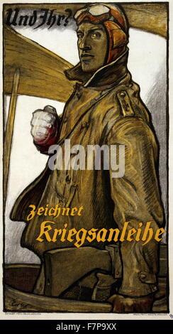 Print (affiche), lithographie couleur, affiche un pilote allemand blessé debout dans le cockpit d'un avion. Texte : Et vous ? Abonnez-vous à l'emprunt de guerre. Artiste, Fritz Erler (1868-1940). Banque D'Images