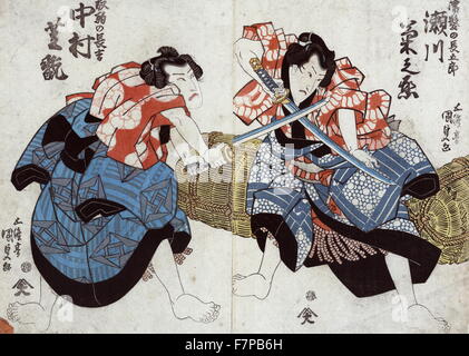 Deux acteurs, Segawa Kikunojo dans le rôle de Nuregami pas Chogoro et Shikan Nakamura Shikan Hanaregoma no Chokichi par Toyokuni Utagawa (1786-1865), gravure, impression couleur montre deux acteurs dans le rôle de guerriers lors d'un combat à l'épée. Banque D'Images