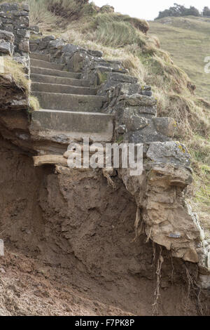 Vue de la tempête-endommagée falaises et étapes à Rhossili Bay, Gower, Swansea, Pays de Galles, photographié ici en février 2014. Une partie de la falaise s'est effondré le 22 janvier 2014 à la suite de l'érosion causée par de puissantes ondes de tempête. Banque D'Images