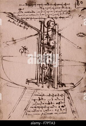 Dessinez une machine volante de Léonard de Vinci, vers 1495. Banque D'Images