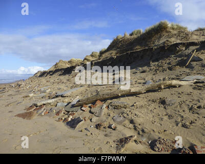 Une vue sur les dunes de sable et de gravats sur la plage de Formby, Liverpool, photographié ici à marée basse en mars 2014. L'érosion rapide du littoral s'est produit à Formby au cours de l'hiver 2013/2014, en raison de conditions météorologiques extrêmes et des ondes de tempête. Cons Banque D'Images