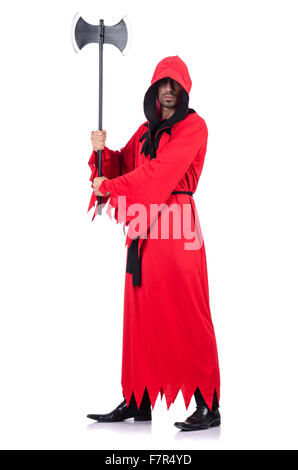 Bourreau en costume rouge avec ax on white Banque D'Images