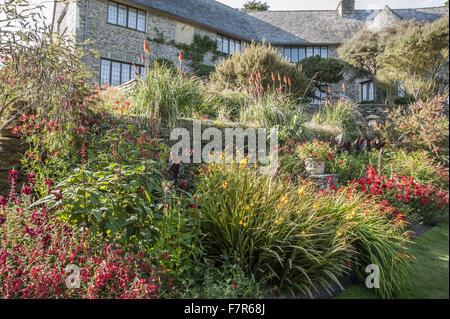 Au-dessous de la chambre à la frontière à Coleton Fishacre, Devon. Plantes comprennent crocosmias, dahlias, glaïeuls, salvia confertiflora, penstemons et red hot pokers. Banque D'Images