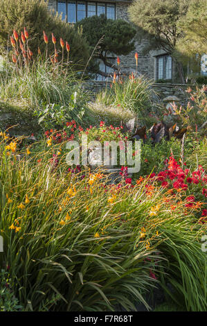 Au-dessous de la chambre à la frontière à Coleton Fishacre, Devon. Plantes comprennent crocosmias, dahlias, glaïeuls, salvia confertiflora, penstemons et red hot pokers. Banque D'Images