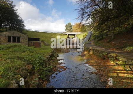 La vis d'Archimède à turbine hydro-électrique Cragside, dans le Northumberland. L'éolienne utilise l'eau du lac Tumbleton pour créer de l'électricité pour la maison à Cragside. Banque D'Images