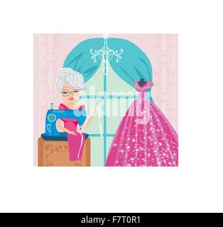 Vieille dame avec machine à coudre Illustration de Vecteur