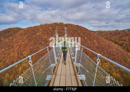 Geierlay Mörsdorfer pont suspendu au-dessus de Bachtal, Mörsdorf, Hunsrück, Rhénanie-Palatinat, Allemagne Banque D'Images