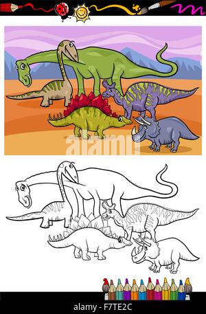 Groupe de dinosaures à colorier dessin animé Illustration de Vecteur