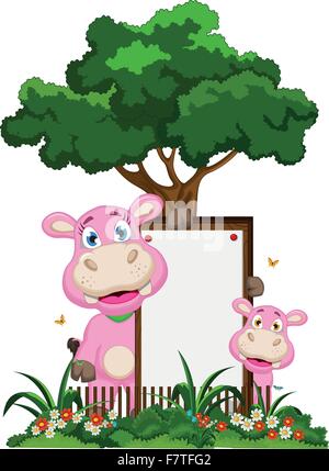 Cute cartoon hippo avec blank sign in garden Illustration de Vecteur