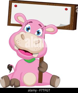 Cute cartoon hippo avec blank sign Illustration de Vecteur