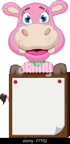 Cute cartoon hippo avec blank sign Illustration de Vecteur
