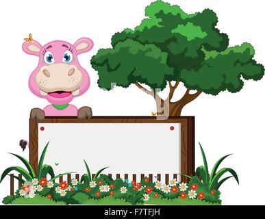 Cute cartoon hippo avec blank sign in garden Illustration de Vecteur