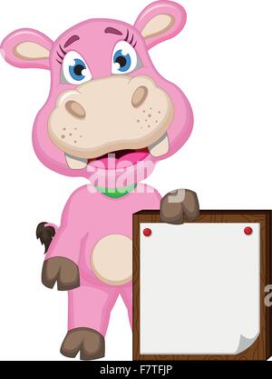 Cute cartoon hippo avec blank sign Illustration de Vecteur