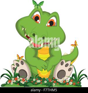 Crocodile cute cartoon assis dans le jardin de fleurs Illustration de Vecteur