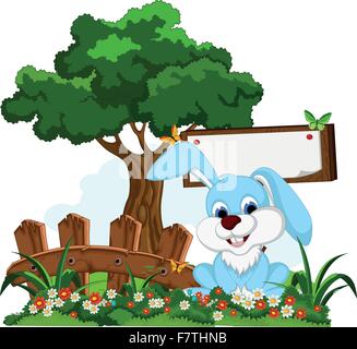 Cute cartoon lapin blanc avec bord en jardin de fleurs Illustration de Vecteur