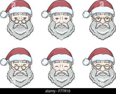 Jeu de père noël souriant face avec lunettes rondes. Bonne année Éléments de conception. Vintage Xmas masque. Noel t-shirt illustration. Illustration de Vecteur