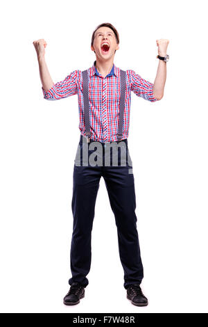 Gagnant ! Studio portrait de beau jeune homme avec les mains. Isolé sur blanc. Banque D'Images