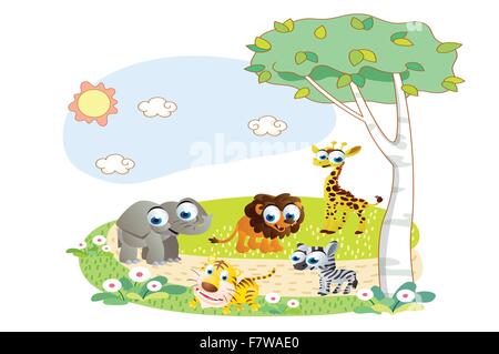 Animaux cartoon jouant dans le jardin Illustration de Vecteur