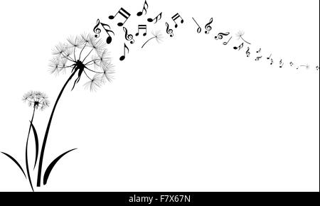 Pissenlits avec note musique battant sur fond blanc Illustration de Vecteur