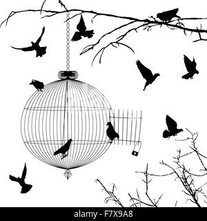 Oiseaux de cage et silhouettes Illustration de Vecteur