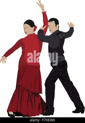 Paire de belles jeunes danser le flamenco isolé sur blanc. Vector Illustration de Vecteur
