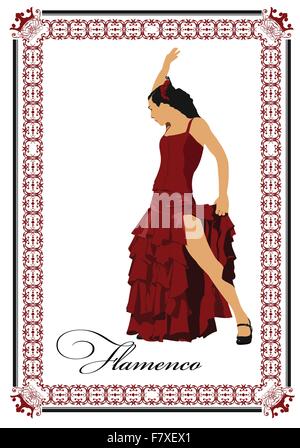 Belle jeune femme danser le flamenco isolé sur blanc. Vector Illustration de Vecteur