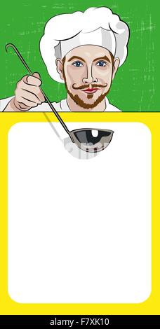 Young attractive chef vous propose de faire connaissance avec le menu et un café.Pop Art Vector Illustration Illustration de Vecteur