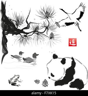 Carte avec l'oiseau en cèdre et panda. À la main avec de l'encre. La peinture japonaise traditionnelle. Vector illustration. Hiéroglyphe Illustration de Vecteur