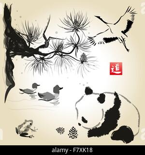 Carte avec l'oiseau en cèdre et panda. À la main avec de l'encre. La peinture japonaise traditionnelle. Vector illustration. Hiéroglyphe Illustration de Vecteur