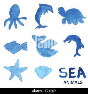 Dessiné à la main bleu peint à l'aquarelle les animaux de la mer. Illustration de Vecteur