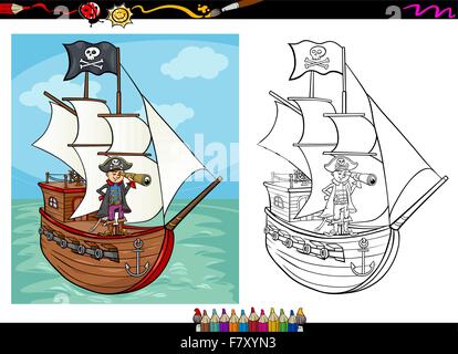 Navire pirate sur coloriage dessin animé Illustration de Vecteur