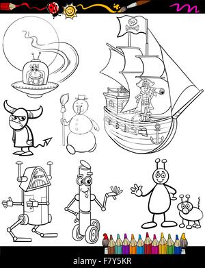 Fantasy cartoon fixé pour Coloring Book Illustration de Vecteur