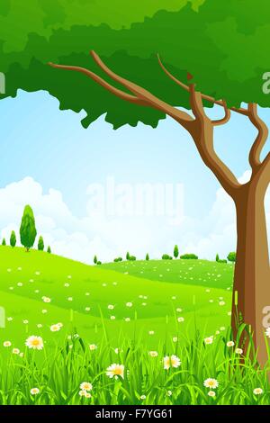 Paysage vert avec fleurs et arbres Illustration de Vecteur