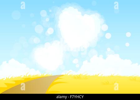 Paysage jaune avec Road et de nuages en forme de coeur Illustration de Vecteur