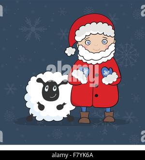 Vector illustration avec le Père Noël et de moutons blancs carte de vœux. Noël, Nouvel an 2015 vacances d'arrière-plan. Illustration de Vecteur