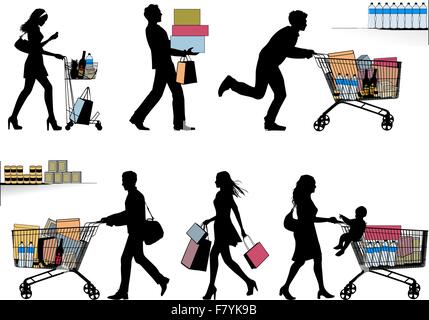 Plusieurs personnes, shopping - vector silhouettes Illustration de Vecteur