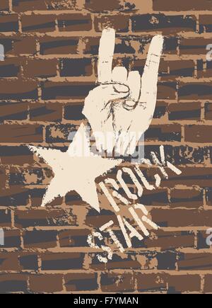 Rock Star Sign avec cornes geste sur mur de brique Illustration de Vecteur