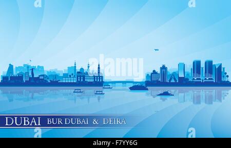 Dubai Deira et Bur Dubai skyline silhouette background Illustration de Vecteur