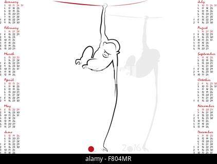 Calendrier 2016 dans scénario isolé sur fond blanc. L'année du singe. De début de la semaine à partir de dimanche. Illustration de Vecteur