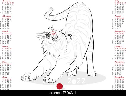 Calendrier 2022 dans scénario isolé sur fond blanc. L'Année du Tigre. De début de la semaine à partir de dimanche. Illustration de Vecteur