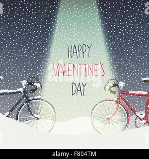 Carte de Saint-Valentin. La neige a couvert les bicyclettes, scène d'hiver calme Illustration de Vecteur