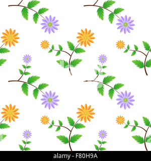 Motif florale de fleurs et de feuilles sur fond blanc. Banque D'Images