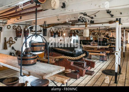 Plate-forme d'armes à feu inférieure du HMS Warrior au Portsmouth Dockyard Museum, Angleterre, Royaume-Uni Banque D'Images