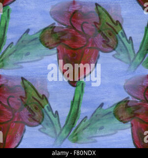 L'aquarelle transparente bleu rouge fait main fleurs papier peint Banque D'Images