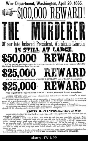 ABRAHAM LINCOLN Poster publié le 20 avril 1865 récompensant les John Wilkes Booth et ses deux associés Banque D'Images